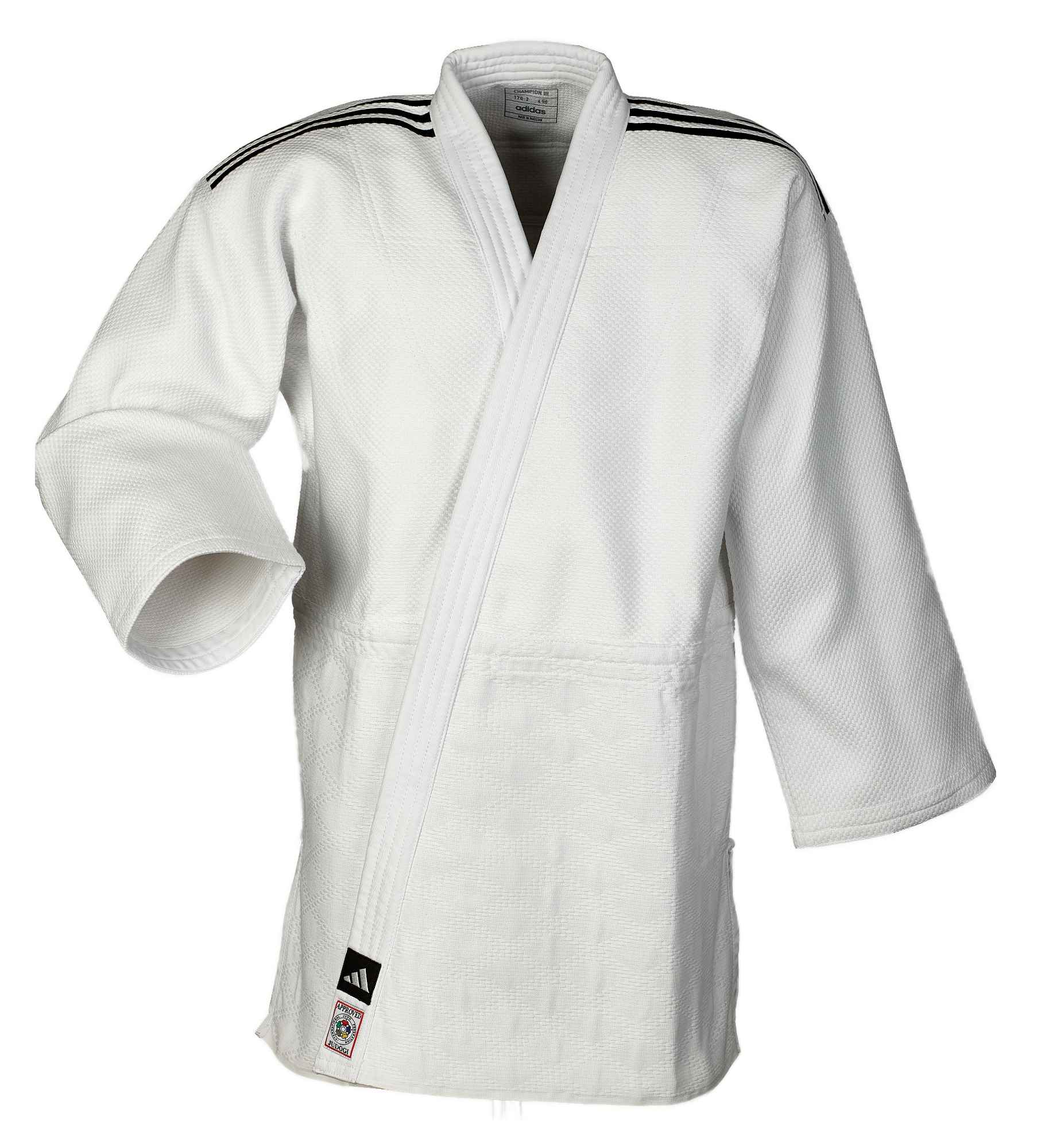 Model 1 Schnitt - weiß / schwarze Streifen - adidas Judojacke CHAMPION III IJF - JIJFS-JAC