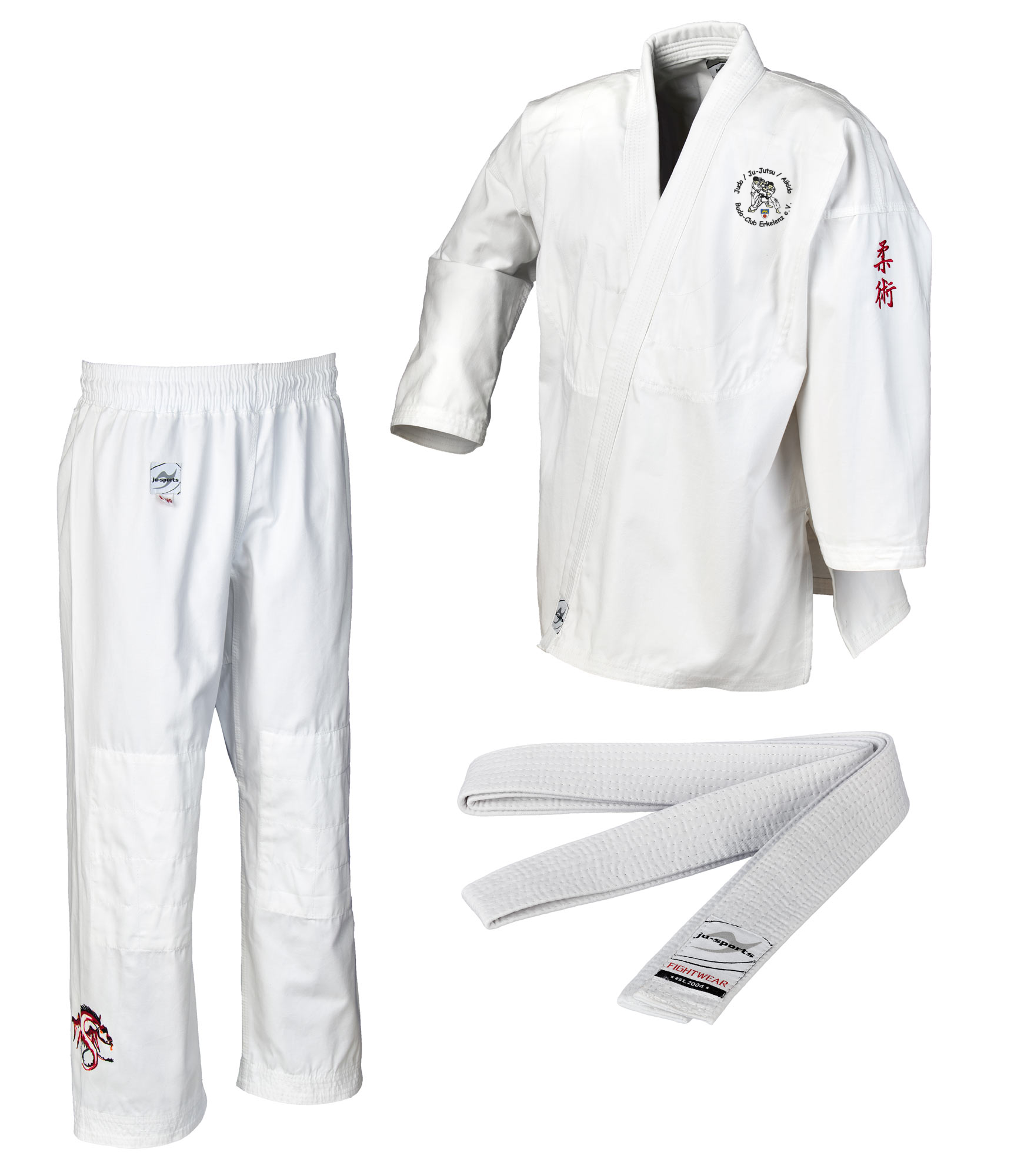 Judo gi, Weißer Anzug, Karate Stil, Weißer Gürtel, Bestickte Patches